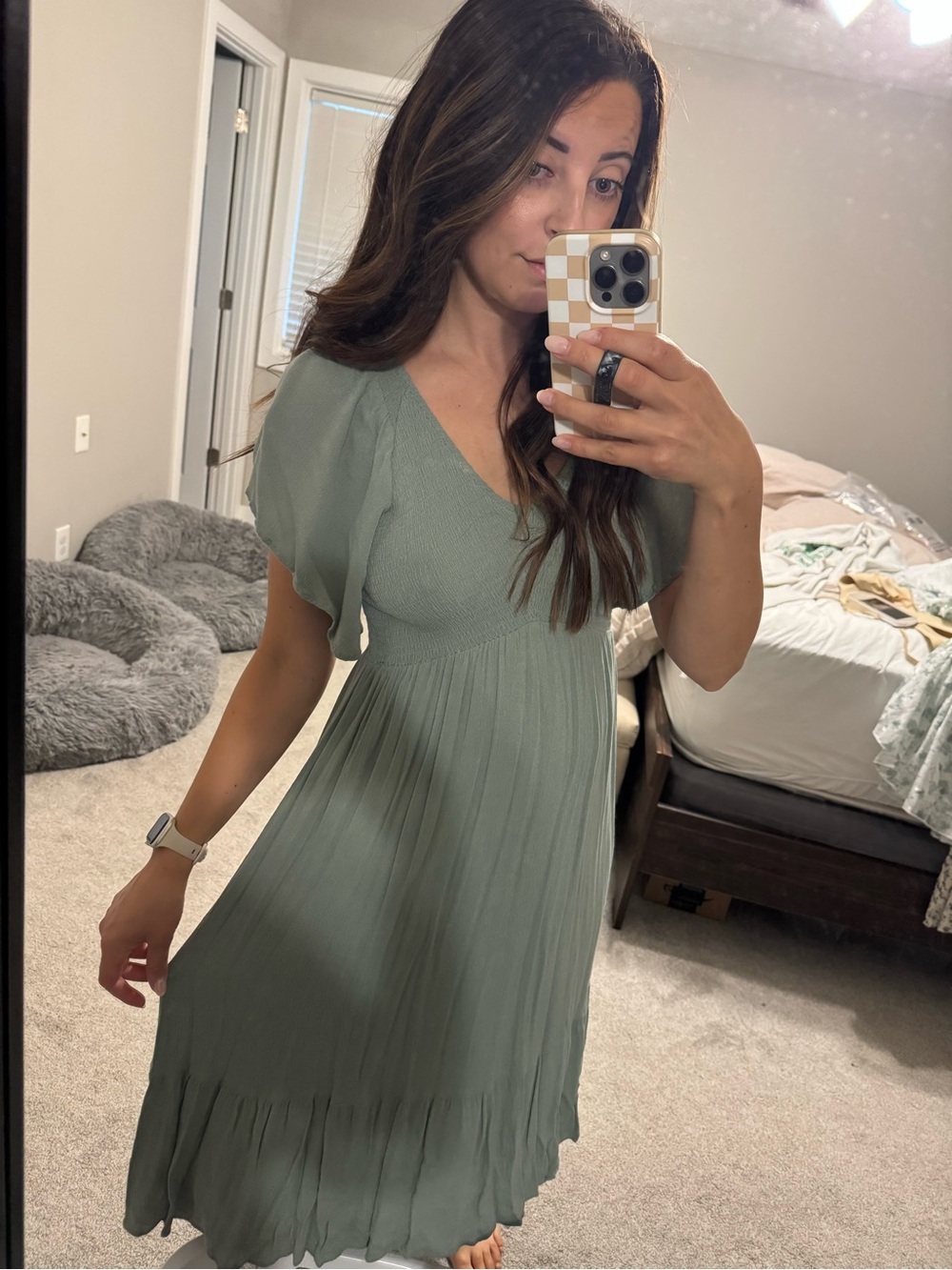 Flutter-Sleeve Sage Green Midi Dress